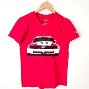 Audi Sports Car Graphic Print Logo Racing Red T-Shirt Size S/ M Womens V-Neck